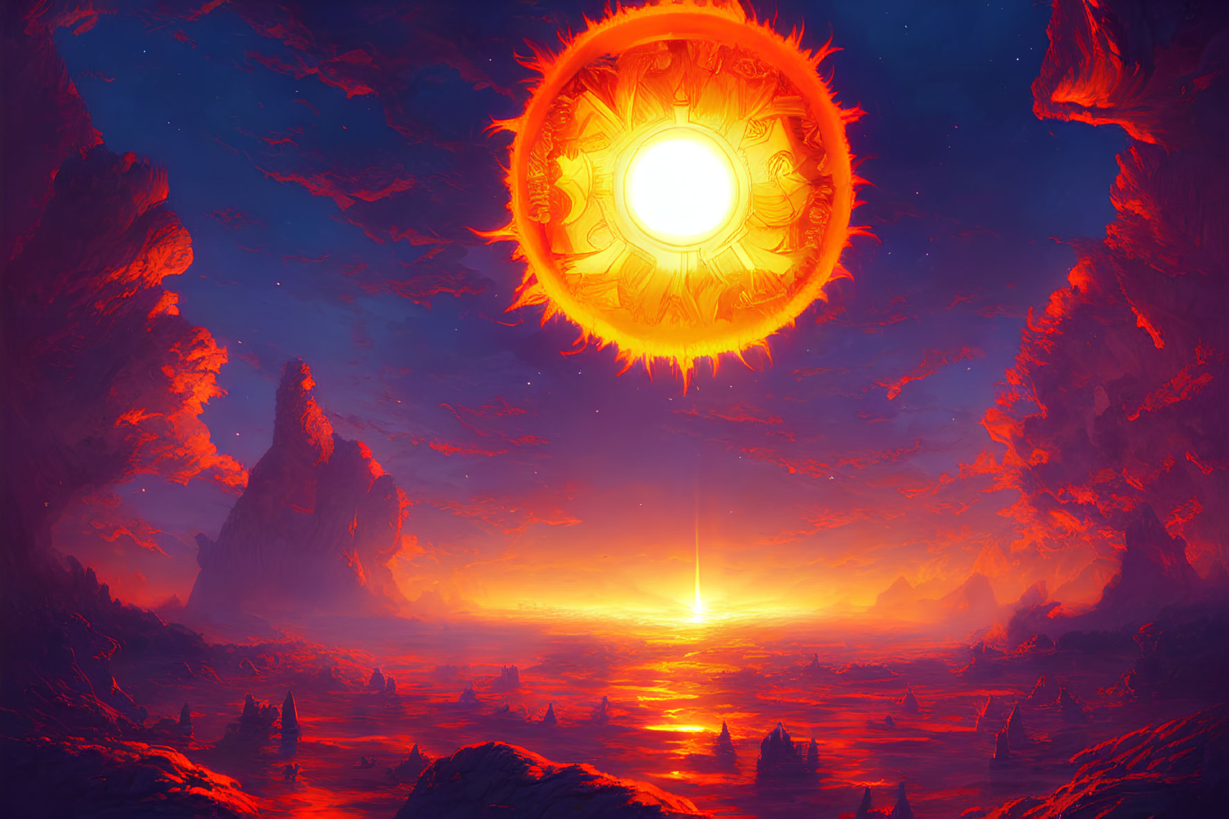 Digital Art: Fiery Landscape with Radiant Sun-Like Orb and Red Sky