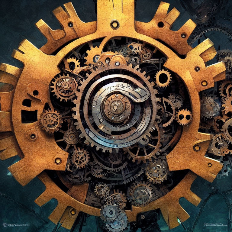 Steampunk-themed gear and cog composition with clock-like center