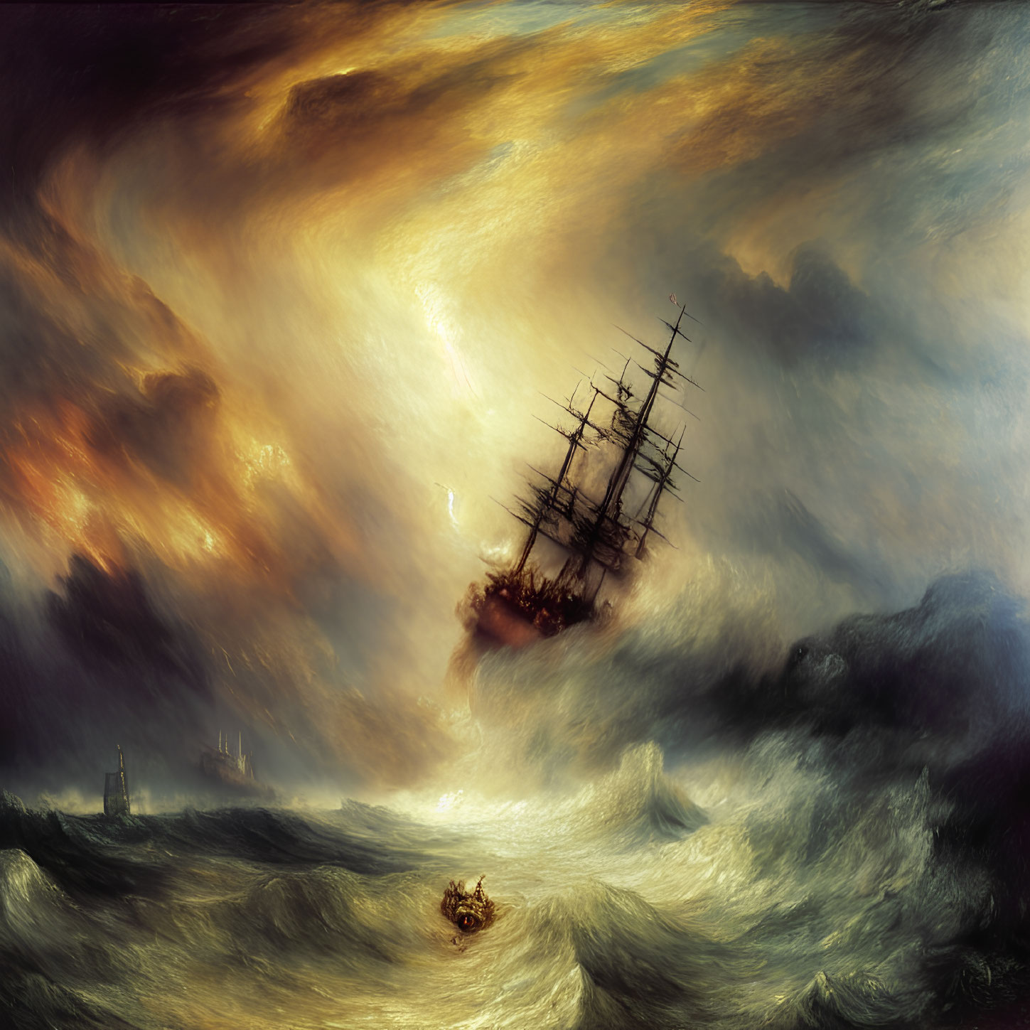 Large ship battling fierce waves in dramatic maritime scene