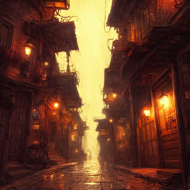 Golden sky illuminates narrow alley lanterns in mysterious scene