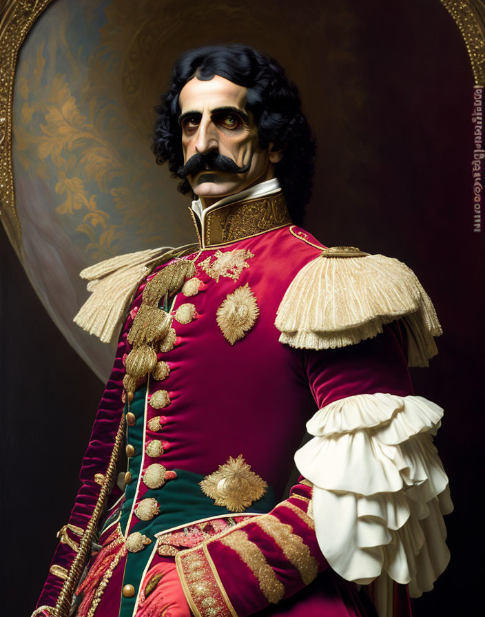 Regal man in red uniform with mustache and medals against dark background