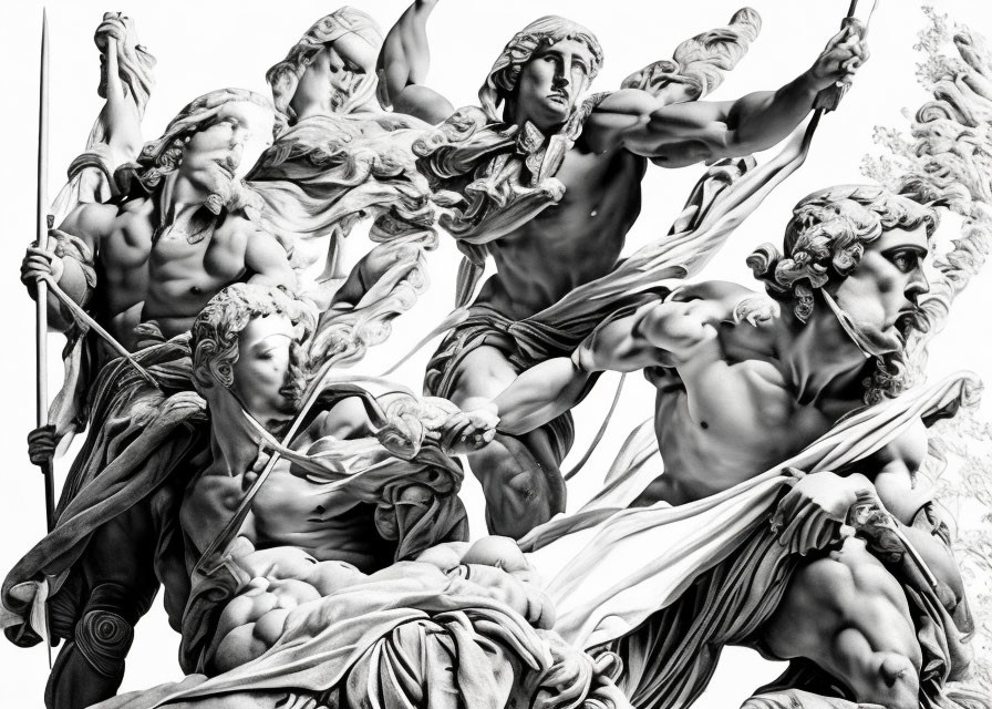 Classical sculpture in greyscale: Dramatic scene with muscular figures and flowing robes.