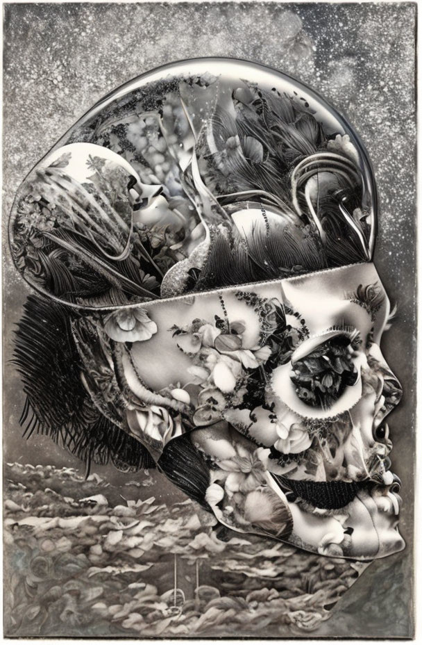 Monochrome skull with floral patterns and birds on celestial background