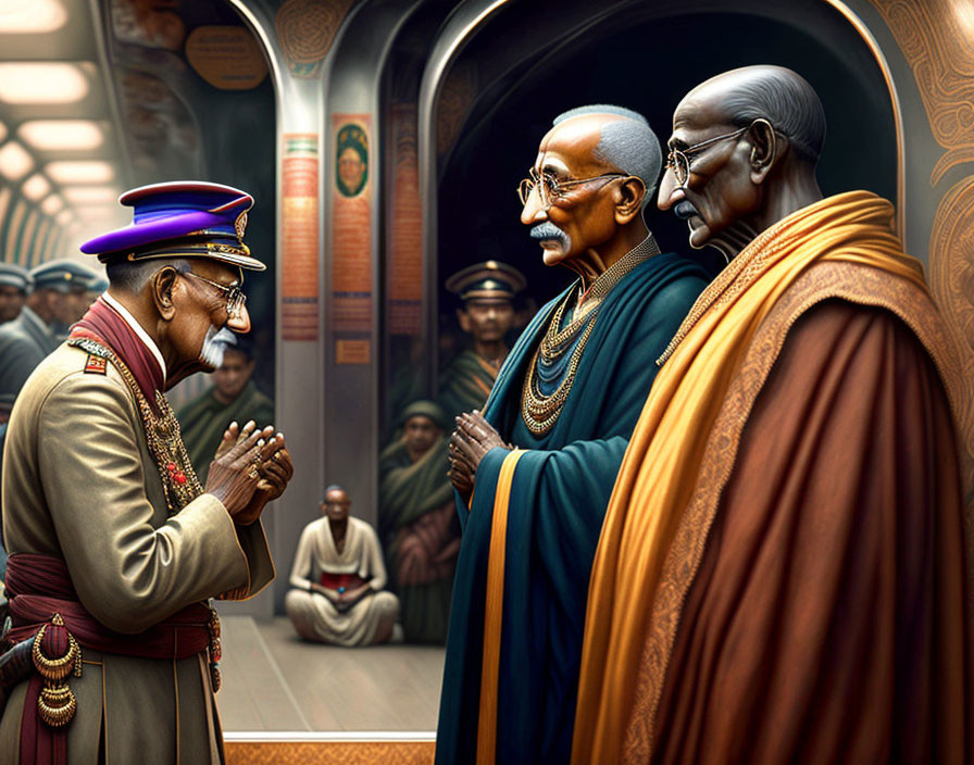 Digital artwork: Elderly men in Indian attire greet, military officer salutes in ornate train setting