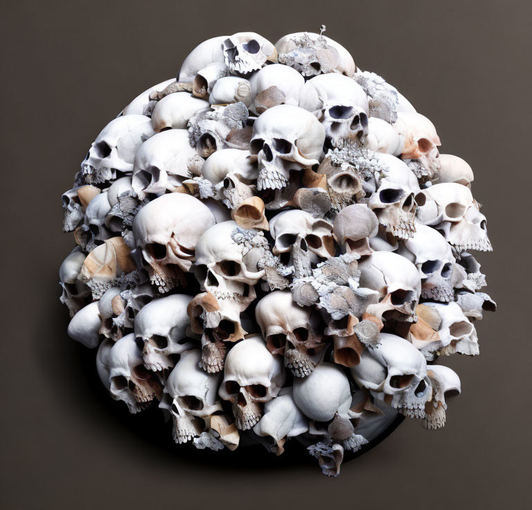 Spherical arrangement of human skulls and bones on dark background