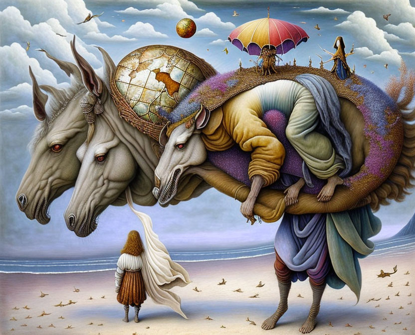 Surrealistic artwork featuring person carrying equine heads and globe with umbrella, observer in foreground