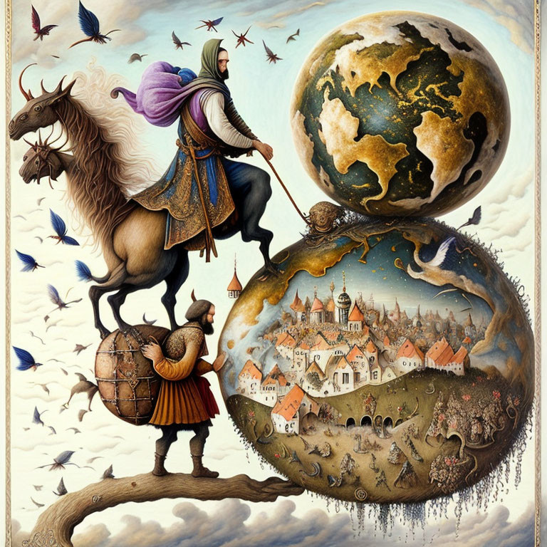 Surreal painting: Knight on unicorn with lantern in olden city landscape