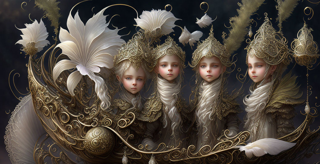 Ethereal figures with ornate golden headdresses and ivory attire in dark setting