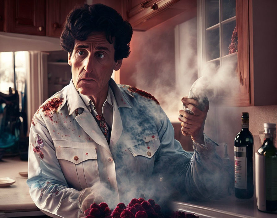 Pensive man holding steaming cloth in messy kitchen counter