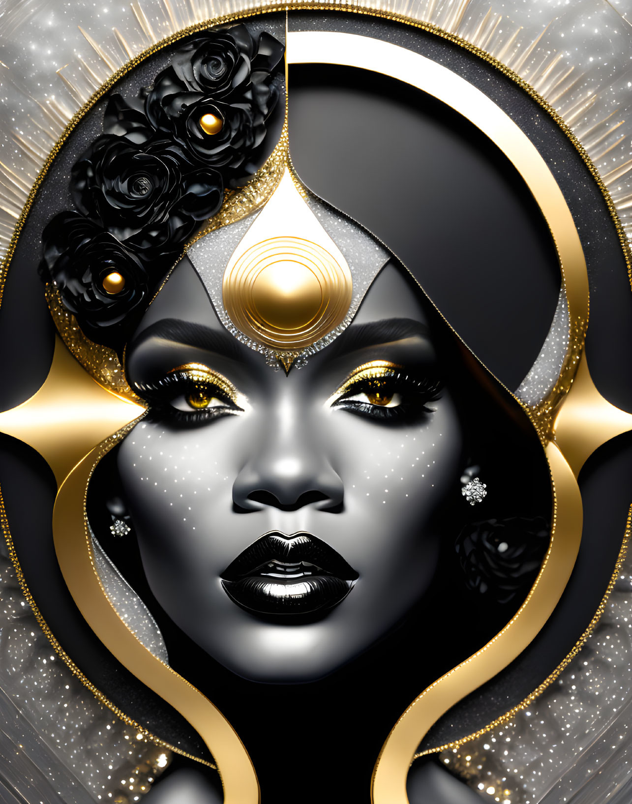 Ebony-skinned woman in gold and black headgear with floral accents on starry backdrop