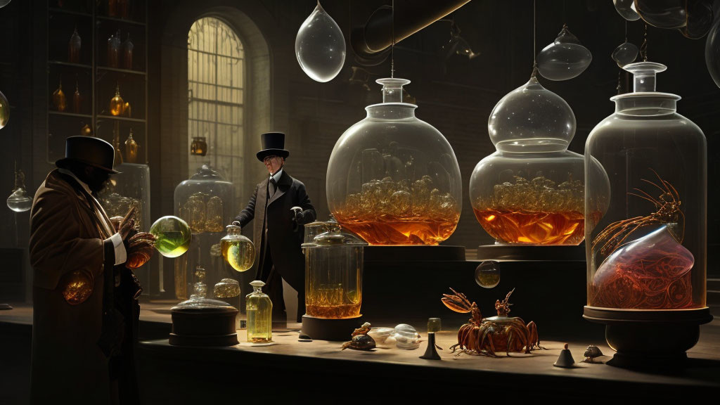 Three people in vintage lab with glowing jars and scientific equipment