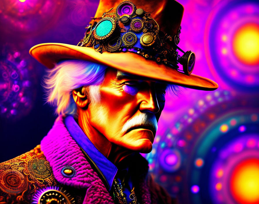 Colorful digital artwork: stern man in steampunk top hat & patterned jacket.