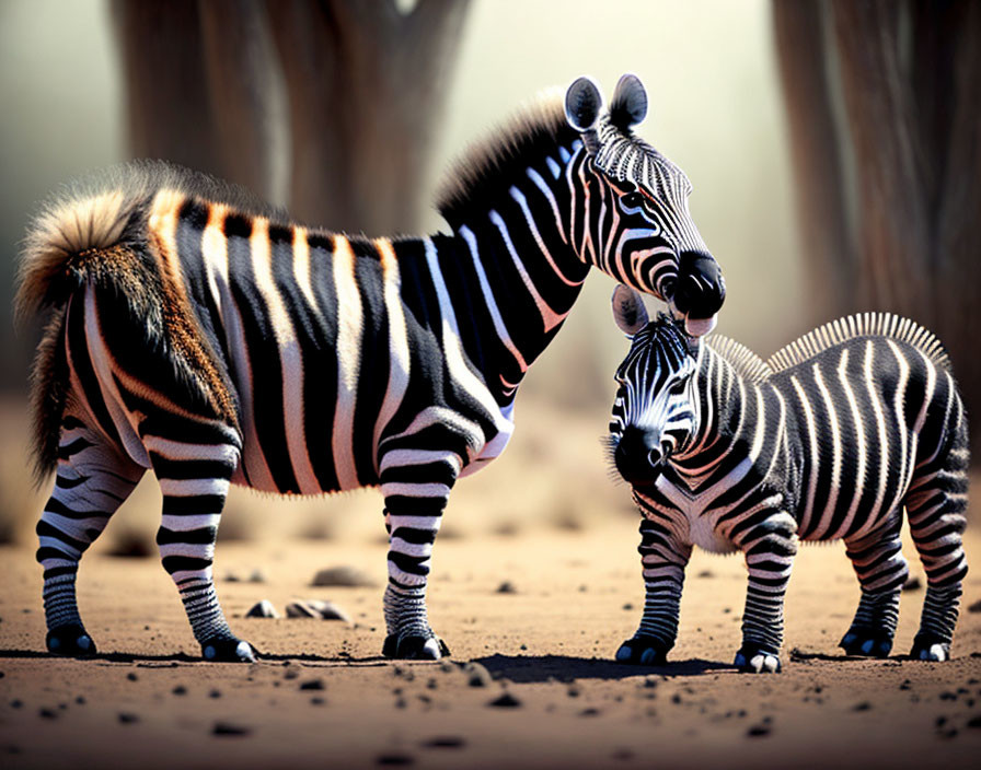 Adult zebra and foal in dusty savanna with black-and-white stripes