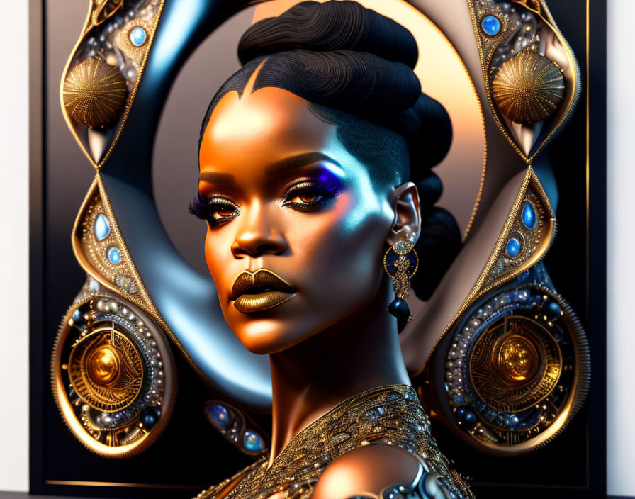 Symmetrical digital artwork of woman with glowing makeup and gold accessories