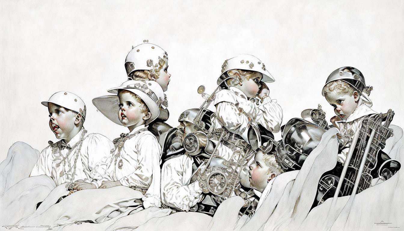 Monochrome children astronauts gazing up