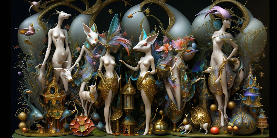 Whimsical creatures in ornate attire among golden flora