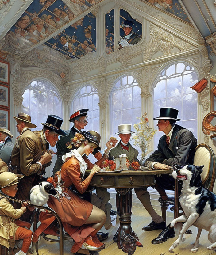 Elegant Victorian-Era Room with Card Players and Observers