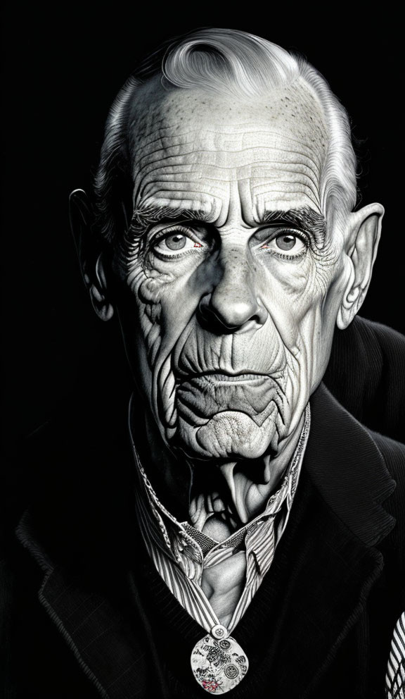 Detailed Black and White Illustration of Elderly Man with Medal on Dark Background