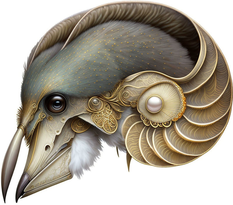 Steampunk-style avian creature with mechanical and ornate details