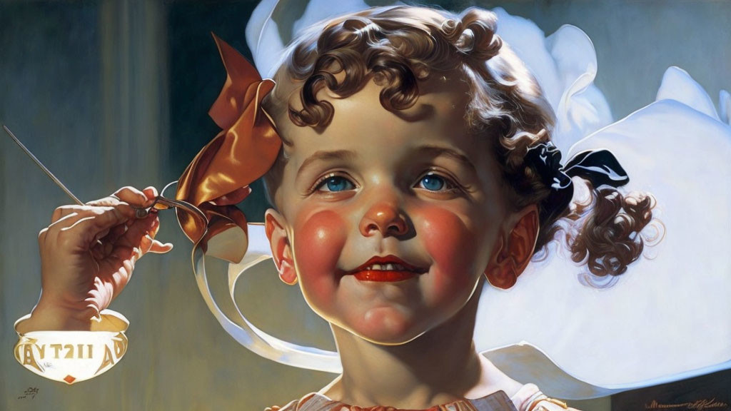 Whimsical painting of child with lobster phone