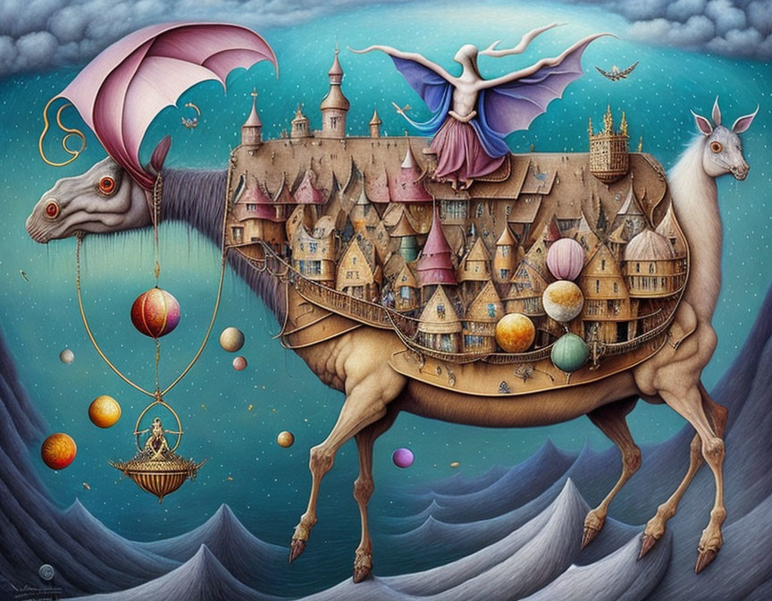 Surreal painting: deer with city, floating figure, hot air balloon, planets, dreamy