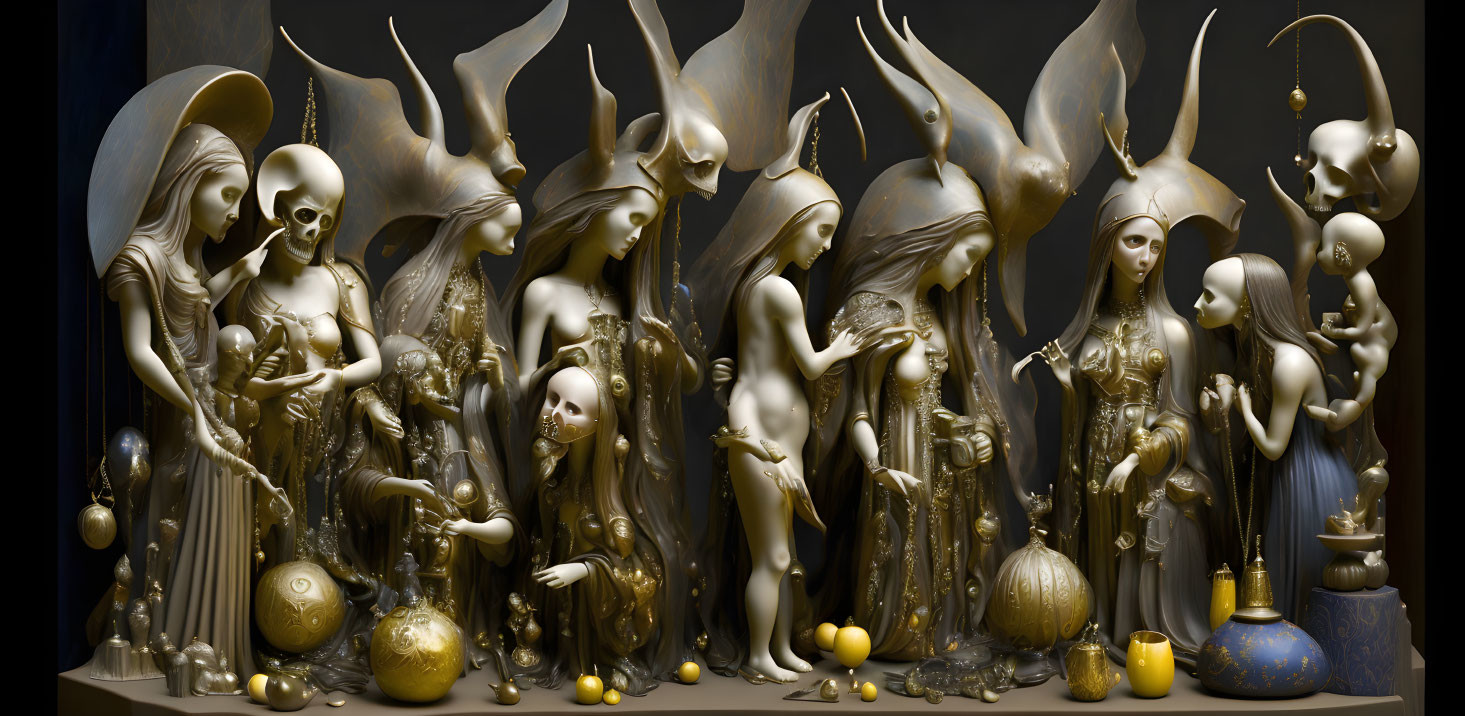 Golden humanoid figures in surreal sculpture with orbs and intricate details on dark background