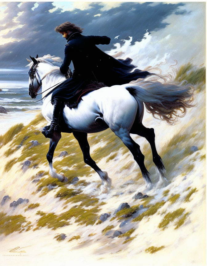 Dynamic painting of person riding white horse on beach with waves and clouds.