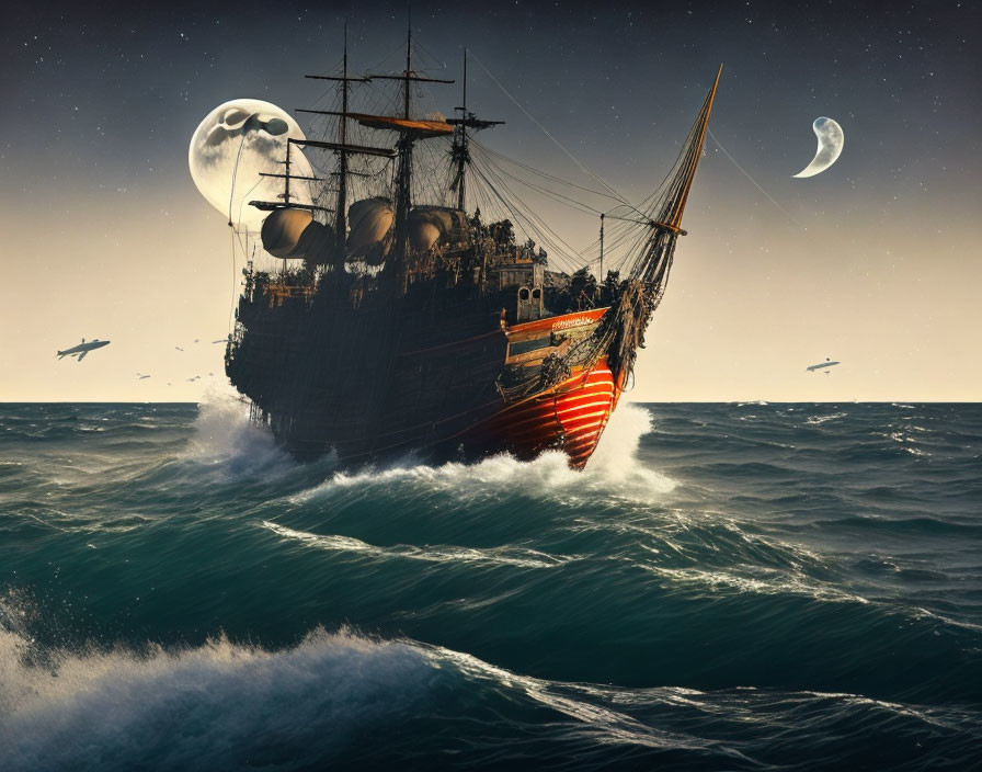 Wooden ship sailing on rough seas under crescent moon with transparent floating whales