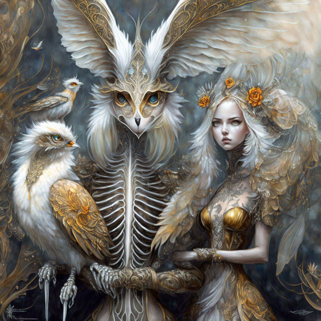 Fantasy Artwork: Woman in Avian Attire with Skeletal Figure and Bird-like Creatures