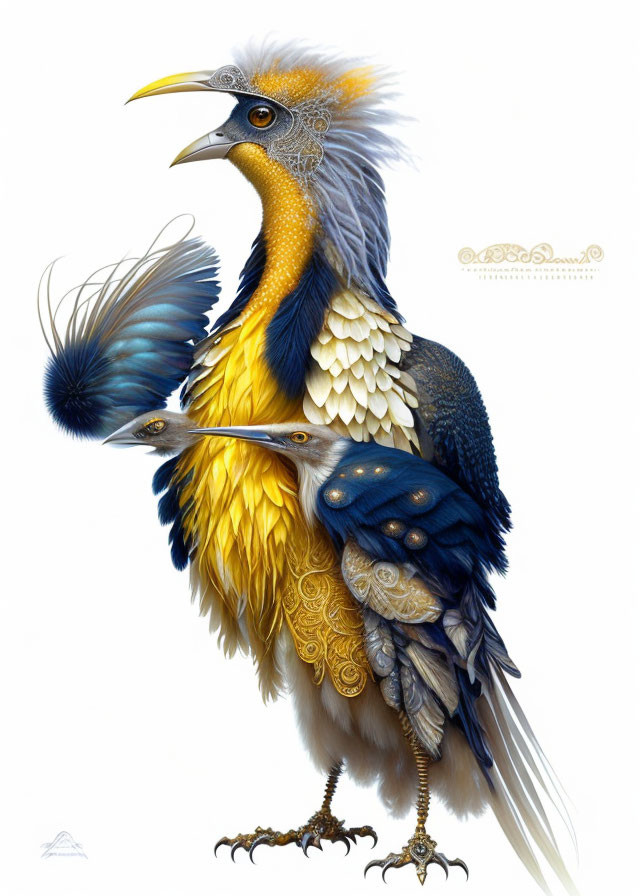 Detailed vibrant bird illustration with blue and gold plumage and ornate leg embellishments