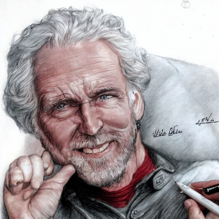 Detailed pencil sketch of smiling man with white hair, beard, red shirt, hand adding final touches