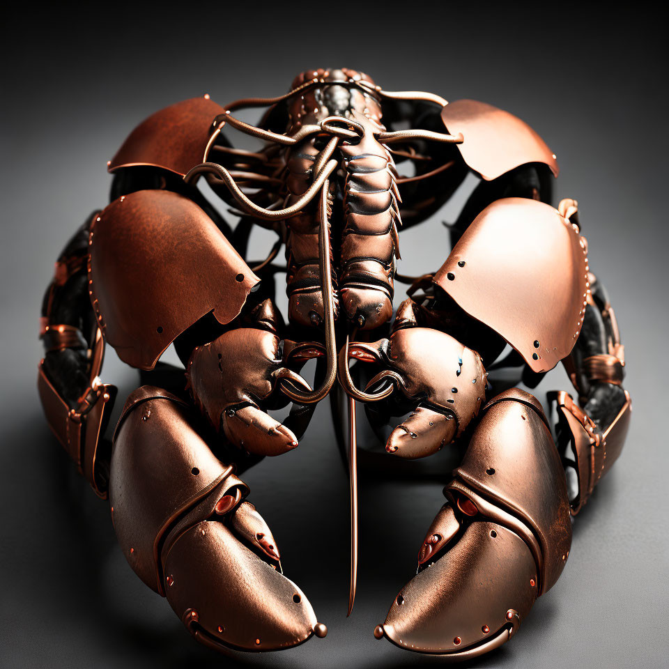 Metallic Lobster Sculpture with Copper Finish on Dark Background