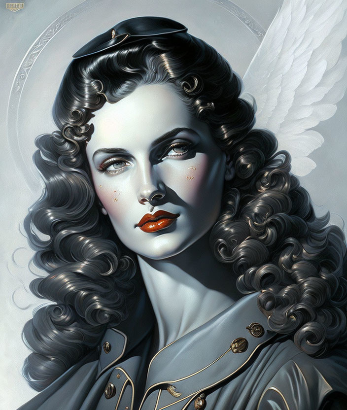 Woman with angel wings in vintage military uniform and red lips, against neutral backdrop