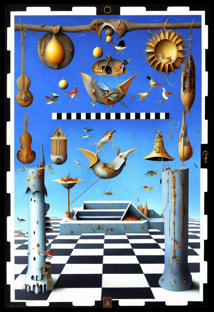 Surreal painting: checkered floor, floating islands, musical elements, mechanical birds, celestial objects