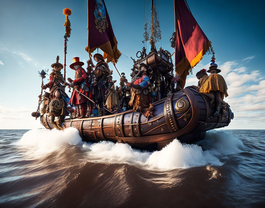 Fantasy pirate ship with ornate decorations and costumed characters sailing on open water