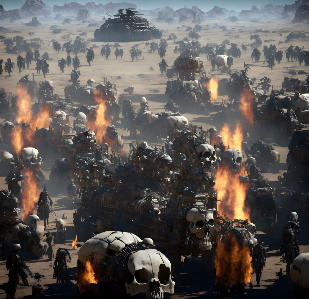 Dystopian landscape with giant skull structures and vehicles in fiery desert scene