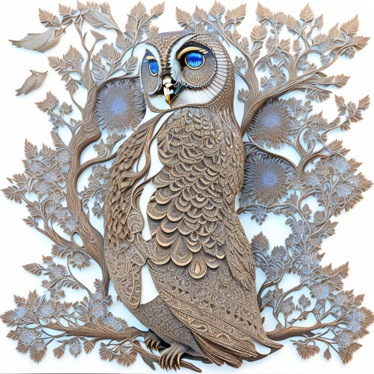 Detailed Owl Paper-Cut Art with Foliage and Flowers