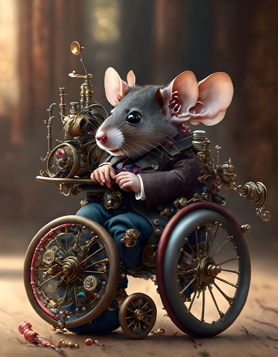 Vintage Anthropomorphic Mouse on Steampunk Wheelchair