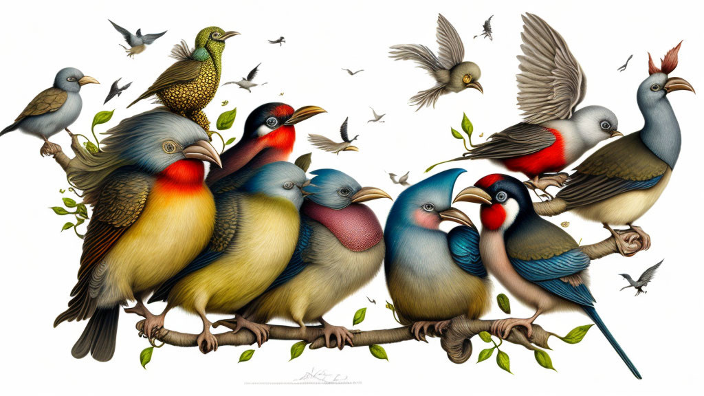 Colorful Birds Perched on Branches in Detailed Illustration