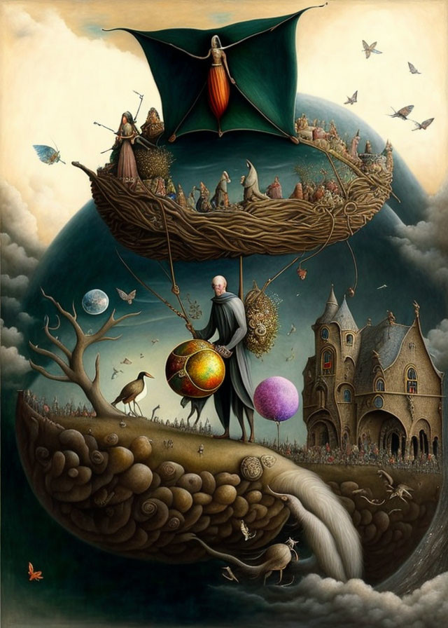 Surreal painting: man with globe, dog, whimsical ship, floating island