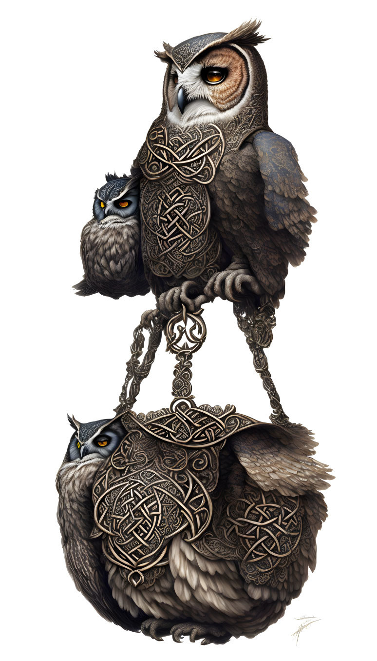 Stylized Celtic knot owls perched on chain display.