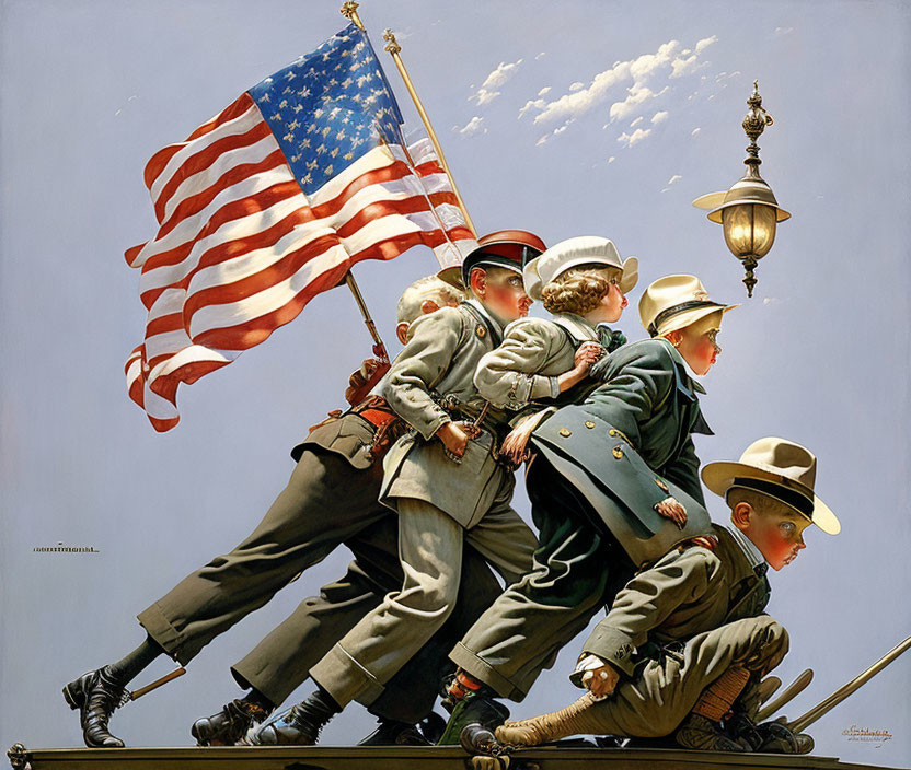 Children dressed as soldiers marching with American flag in patriotic scene