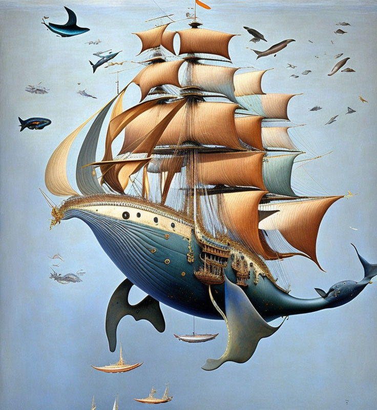 Surrealist artwork: Ship with fish fins, birds, fish, boats, crescent moon