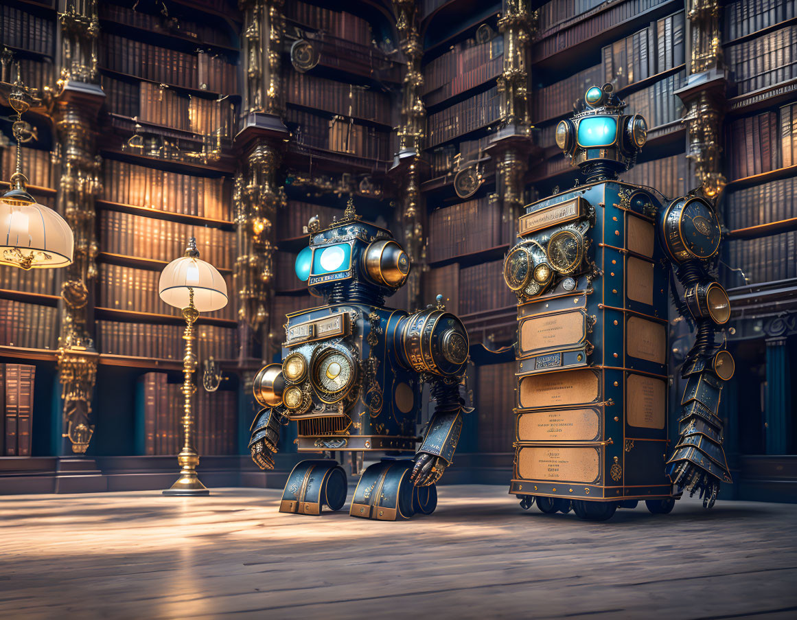 Vintage robots in classic library with wood bookshelves and brass lamps