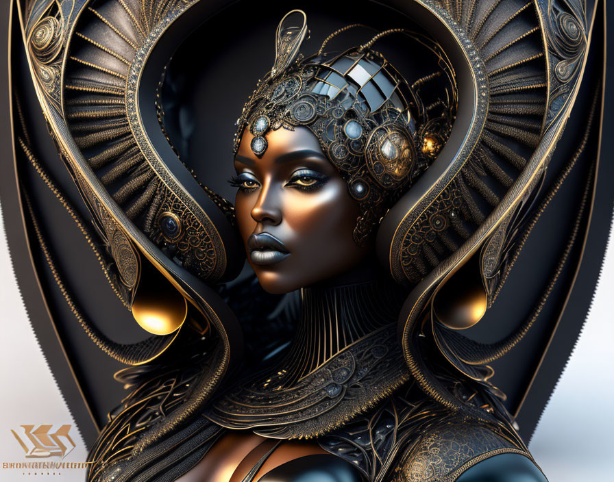 Futuristic regal woman with golden headgear and ornaments