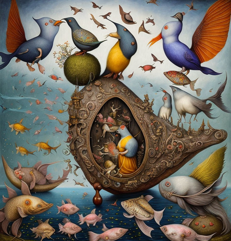 Ornate boat with birds and surreal scene in whimsical artwork