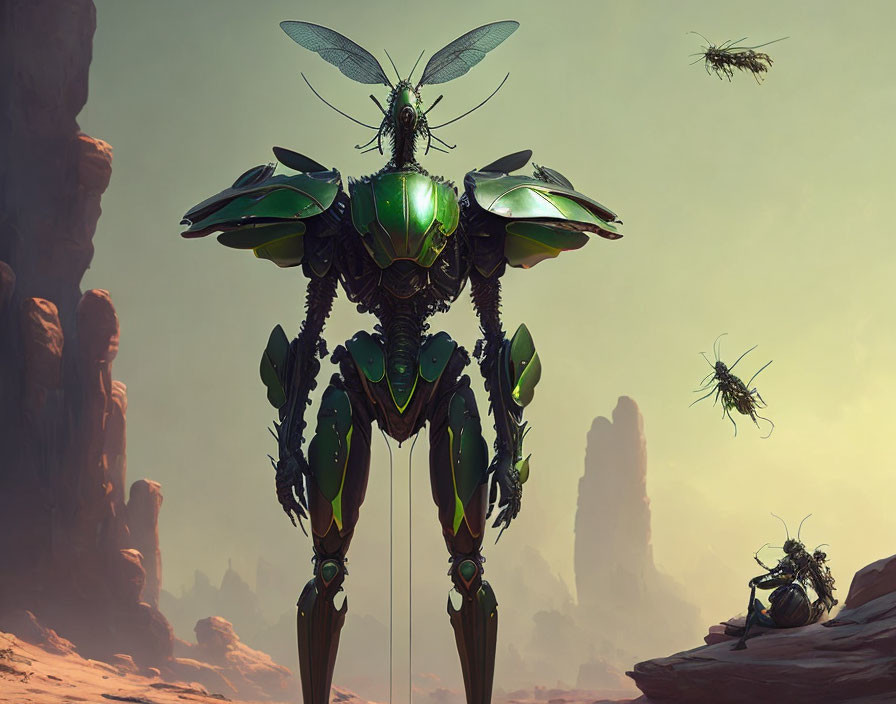 Futuristic insectoid robot in green and black armor in desert landscape