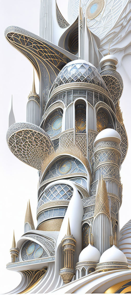 Detailed Futuristic Tower with Gold and Silver Tones