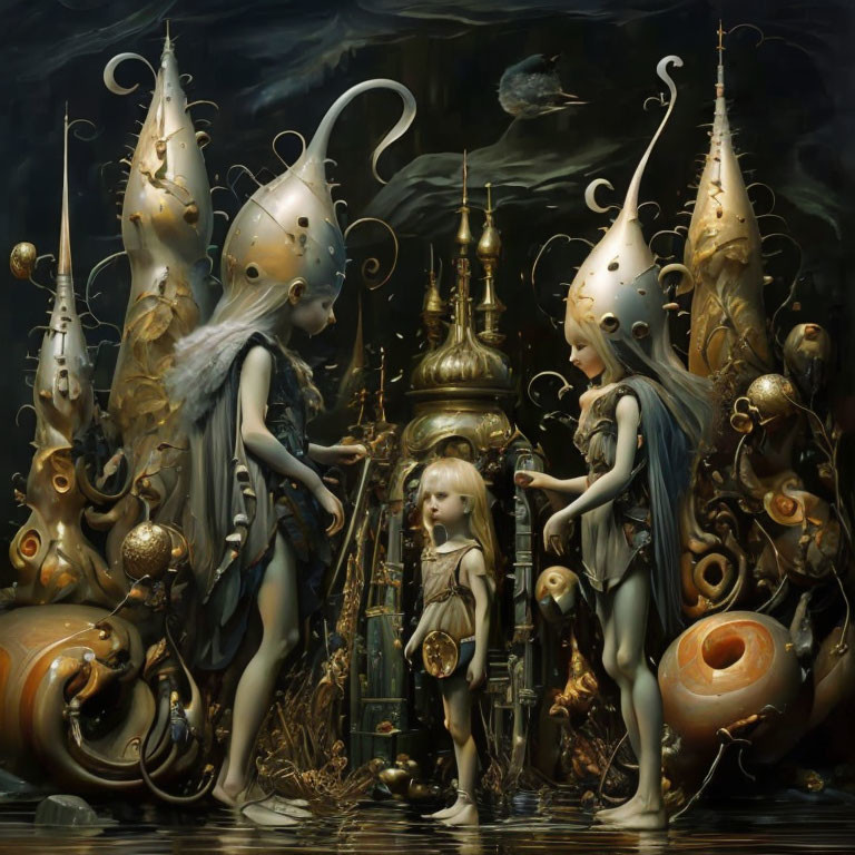 Surreal artwork featuring pale figures, golden machinery, and floating fish