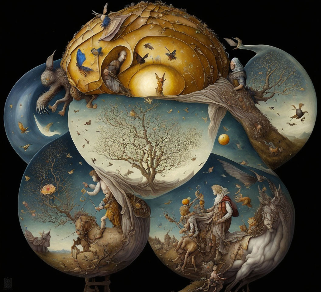 Interconnected surreal spheres with trees, animals, knights, and celestial elements on dark background